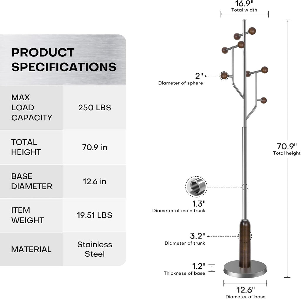 Coat Rack Freestanding with Stainless Steel Marble Base, 8 Wood Ball-shaped Hooks, Heavy-Duty Standing Rack Clother Hanger Rack Metal Coat Tree for Bedroom Entryway, Hat, Bags, Long Dresses
