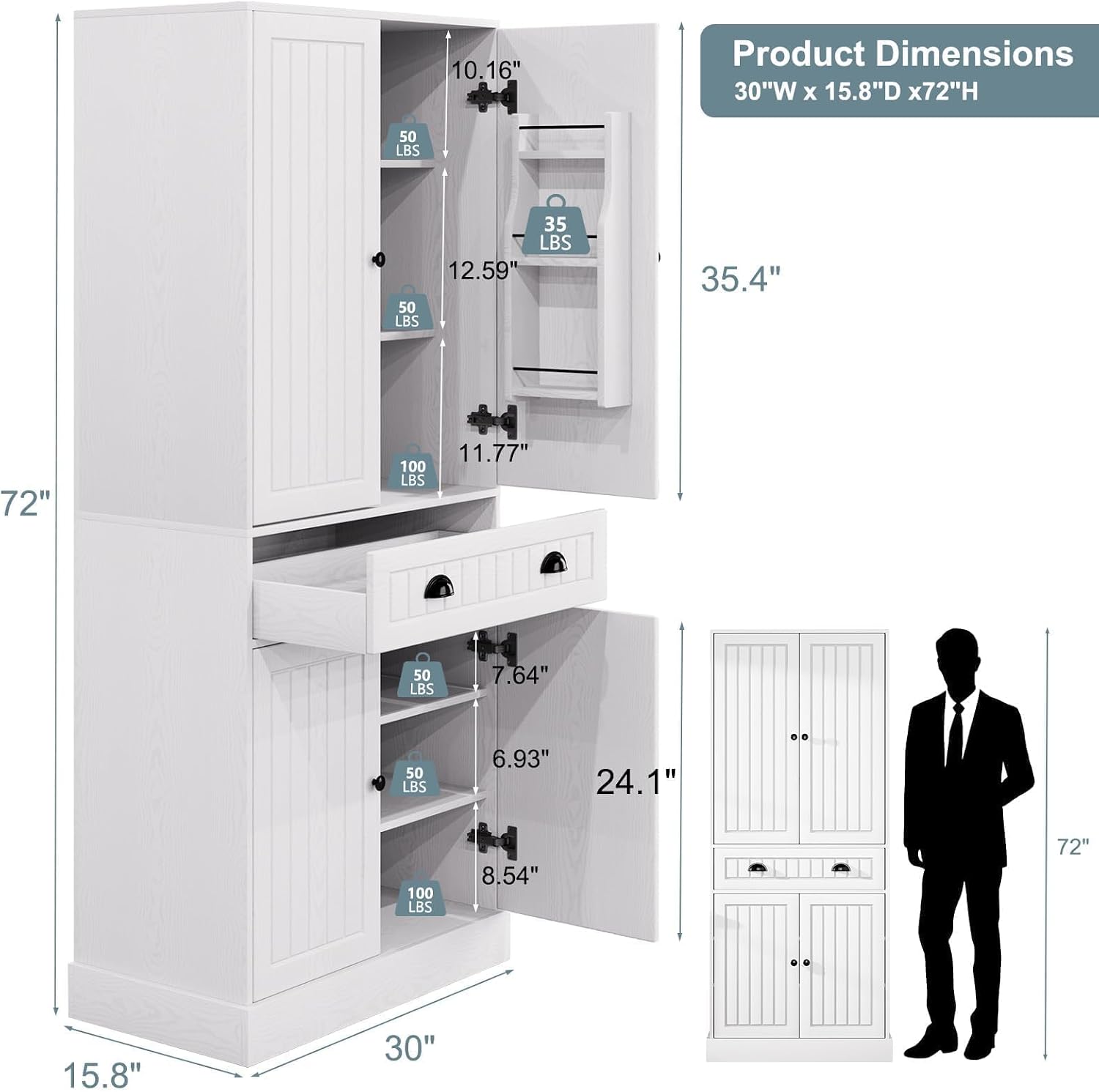 72" Pantry Cabinet, Tall Kitchen Pantry Cabinet with Adjustable Shelves & 6 Door Shelves, Kitchen Storage Cabinets with Drawer, 2 Cabinets, Cupboard for Living, Dining Room, Bathroom, White