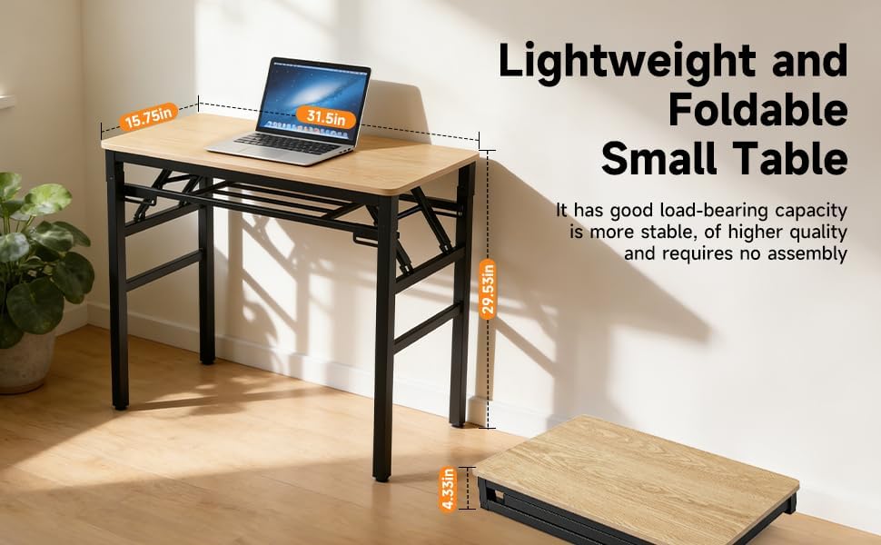 31.5-inch Small Folding Table, no Assembly Required, Suitable for use in Small Spaces Such as bedrooms, Apartments, Dormitories, etc., Easy to fold and Portable (Light Wood)