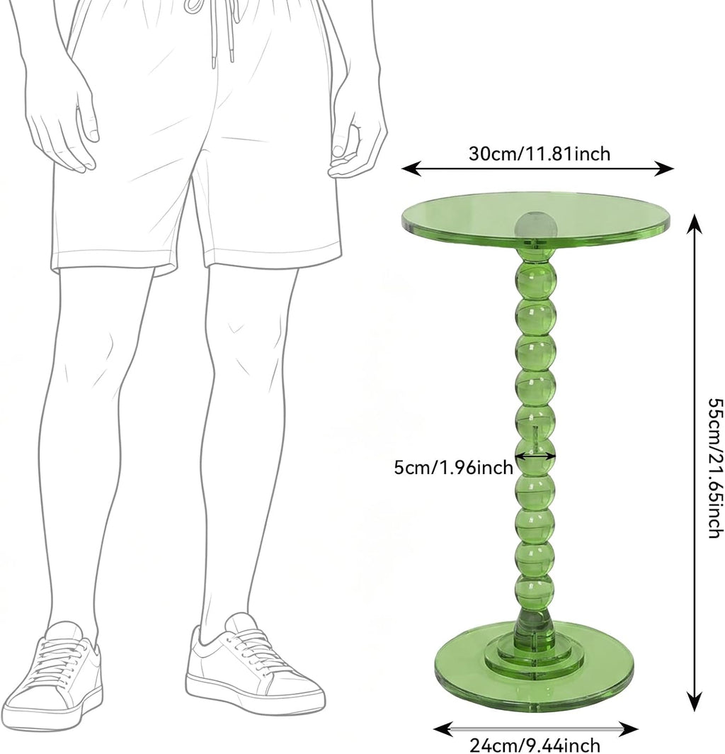 Acrylic Side Table, End Table Round Top with Solid Post, Clear Modern End Tables, Small Pedestal Drink Tables, Small Spaces Home Decor for Living Room, Bedroom, Balcony Green