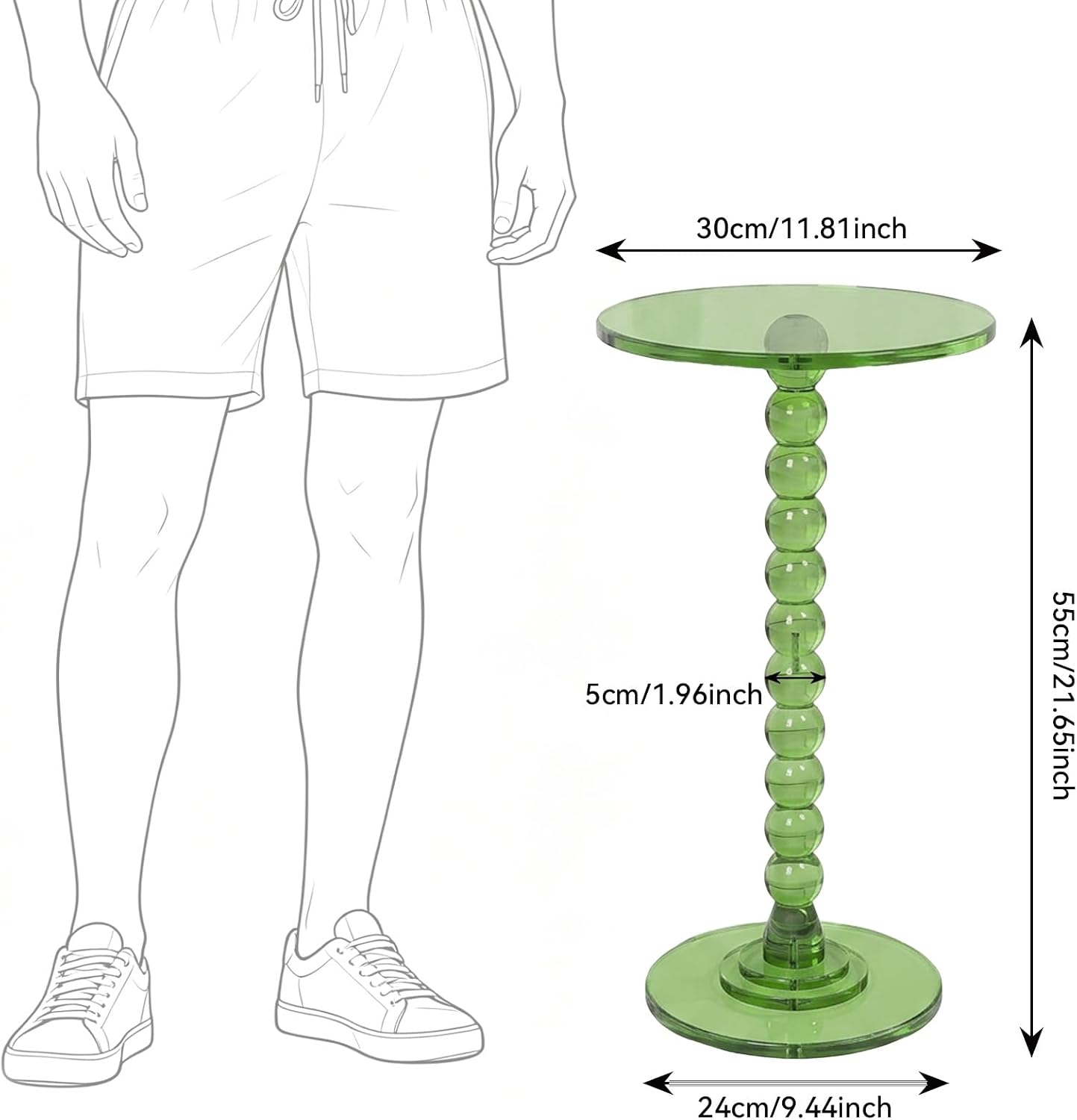 Acrylic Side Table, End Table Round Top with Solid Post, Clear Modern End Tables, Small Pedestal Drink Tables, Small Spaces Home Decor for Living Room, Bedroom, Balcony Green