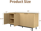 Sideboard Buffet Cabinet with Storage, MUUEGM 58”Fluted Large Kitchen Storage Cabinet with 4 Doors and Adjustable Shelves,Wood Coffee Bar Storage Cabinet for Dinging Room, Living Room, Kitchen,Natural