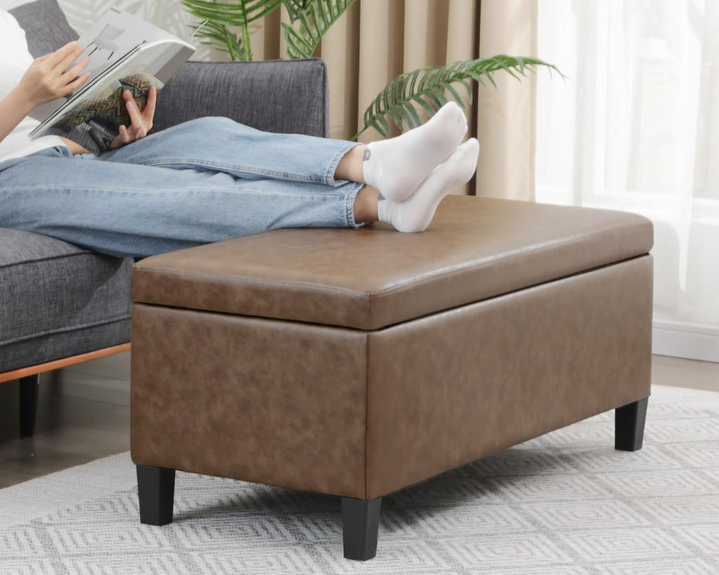 Adeco 42 Inch Faux Leather Storage Ottoman Bench, Upholstered Lift Top Coffee Table with 30 Gallon Storage for Entryway & End of Bed, Mid-Century Modern, Light Brown Camel, Supports 665 lbs
