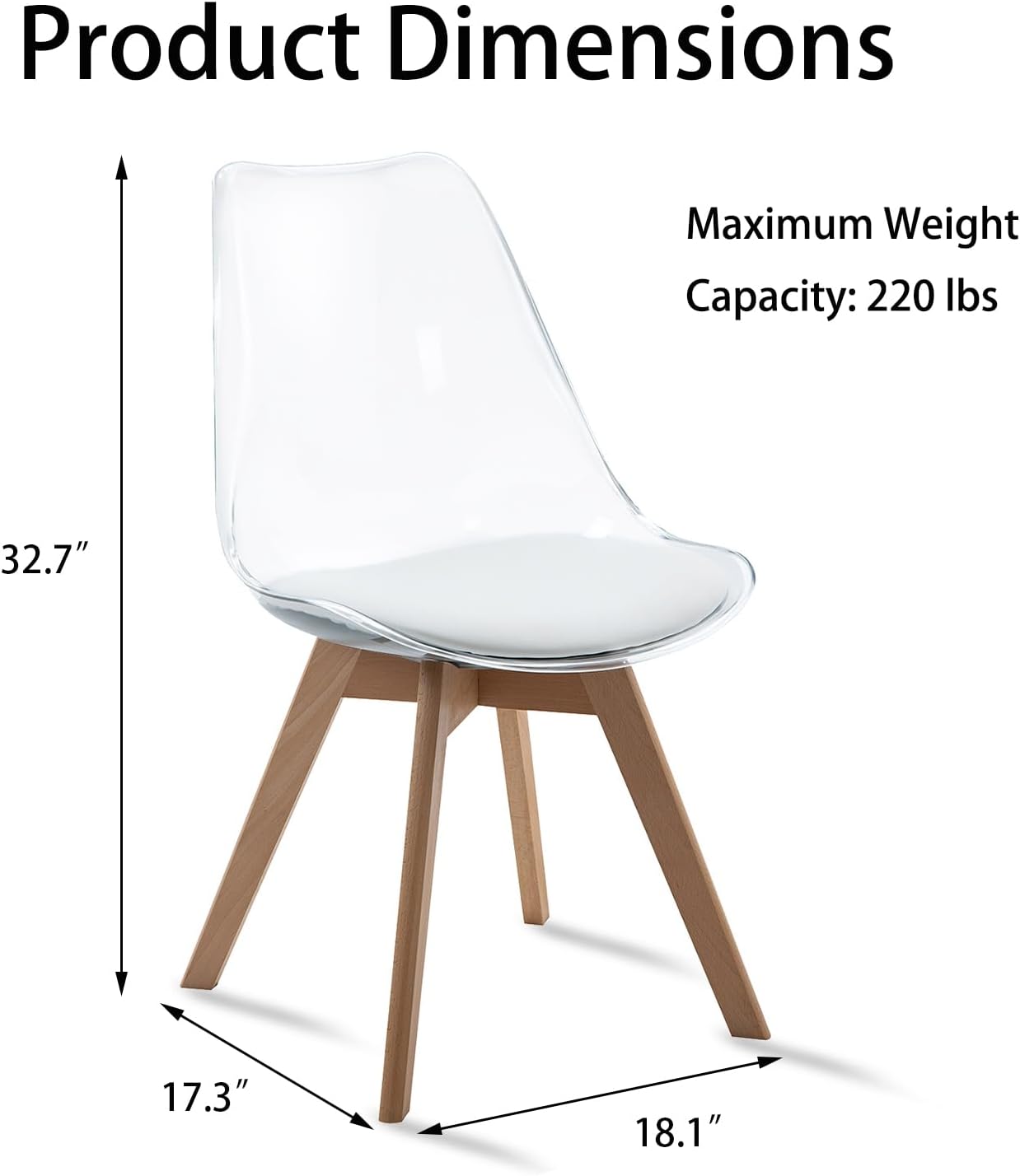 Dining Chairs Set of 4, Clear Acrylic Dining Chair Modern Transparent Chairs with PU Leather Cushions Seat & Wood Legs, Side Chairs for Dining Room Kitchen Restaurant Balcony (White)
