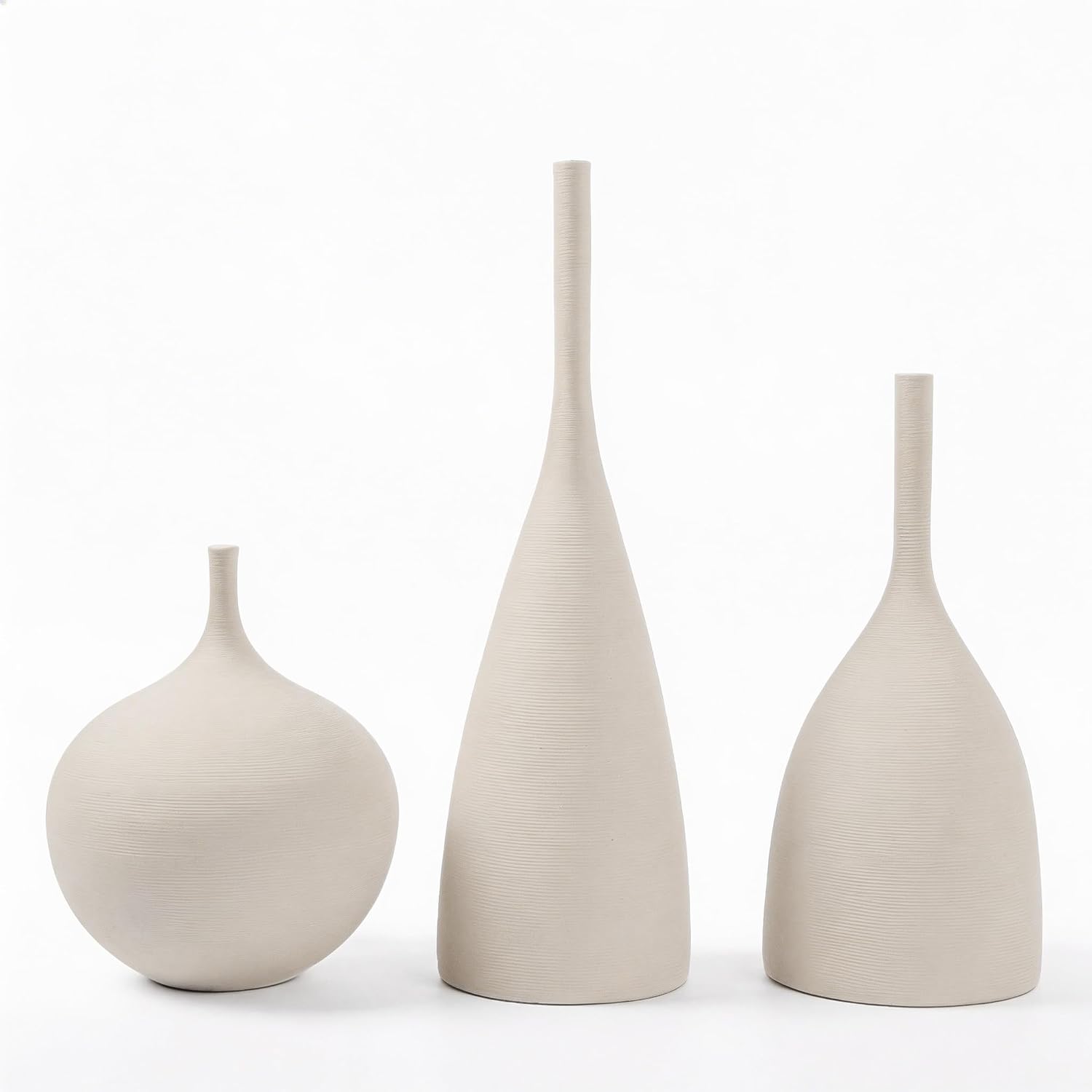 Relexome Ceramic Vase Set of 3 Neutral Vases Home Decor Modern Minimalist Decorative Vase Matte Ribbed Vases for Centerpieces Living Room Shelf Entryway Table Decor Beige
