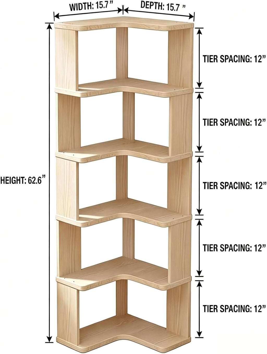 Corner Book Shelf, 6-Shelf Corner Bookcase with Baffle, Wooden Bookshelf with Open Storage, L Shaped Shelves for Small Spaces, Living Room, Home Office, Bedroom, Kitchen, Natural (6-Tier-1)