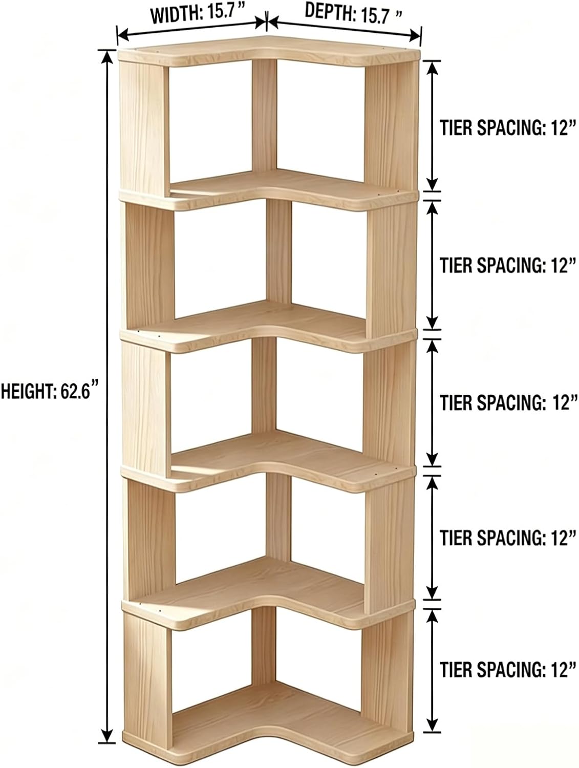 Corner Book Shelf, 6-Shelf Corner Bookcase with Baffle, Wooden Bookshelf with Open Storage, L Shaped Shelves for Small Spaces, Living Room, Home Office, Bedroom, Kitchen, Natural (6-Tier-1)
