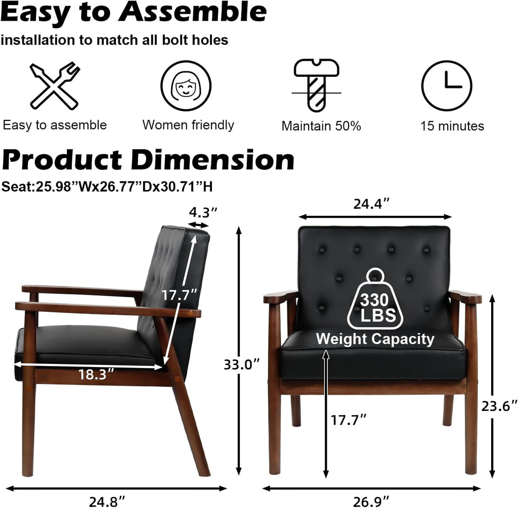 STHOUYN Black Leather Accent Chairs Set of 2, Waiting Room Chairs with Wood Arms, Office Guest Arm Chair, Mid Century Modern Living Room Chair (2, Black)