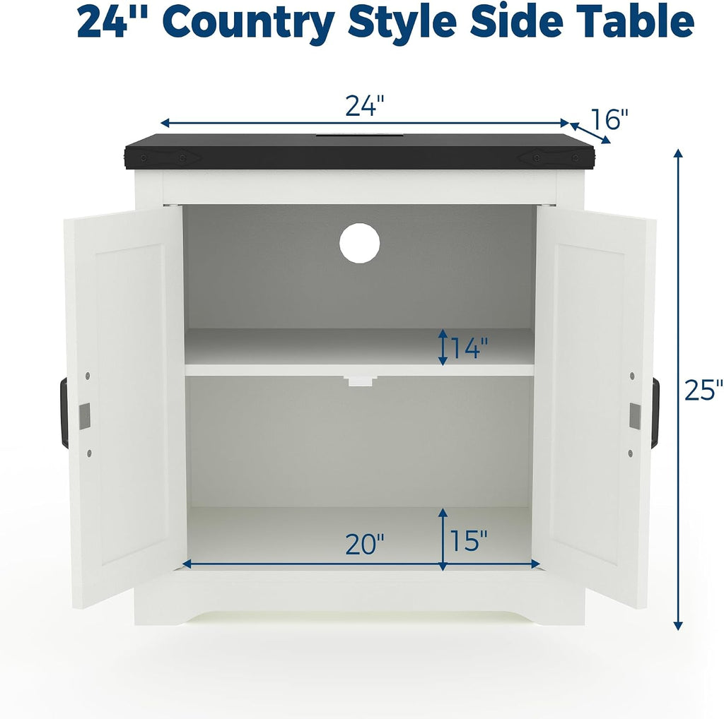 24'' Farmhouse End Table - Side Table with Charging Station | USB & Type-c Ports & Power Outlets |Farmhouse Nightstand with Sliding Barn Door for Bedroom, Living Room, Office