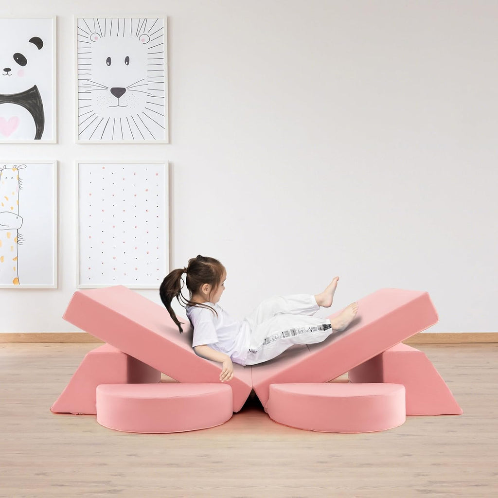 Costzon Convertible Toddler Couch, 8PCS Kids Modular Play Sofa w/Detachable Cover for Playroom, Creative Couch for Playing, Creating & Sleeping, Imaginative Furniture for Girls & Boys (Pink)