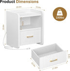 Night Stand with Charger Station - Modern Wood Nightstand with Drawer Storage, Fluted Wide Nightstands Bedside Table, Mid Century Night Stands for Bedroom Home Office Sofa, White