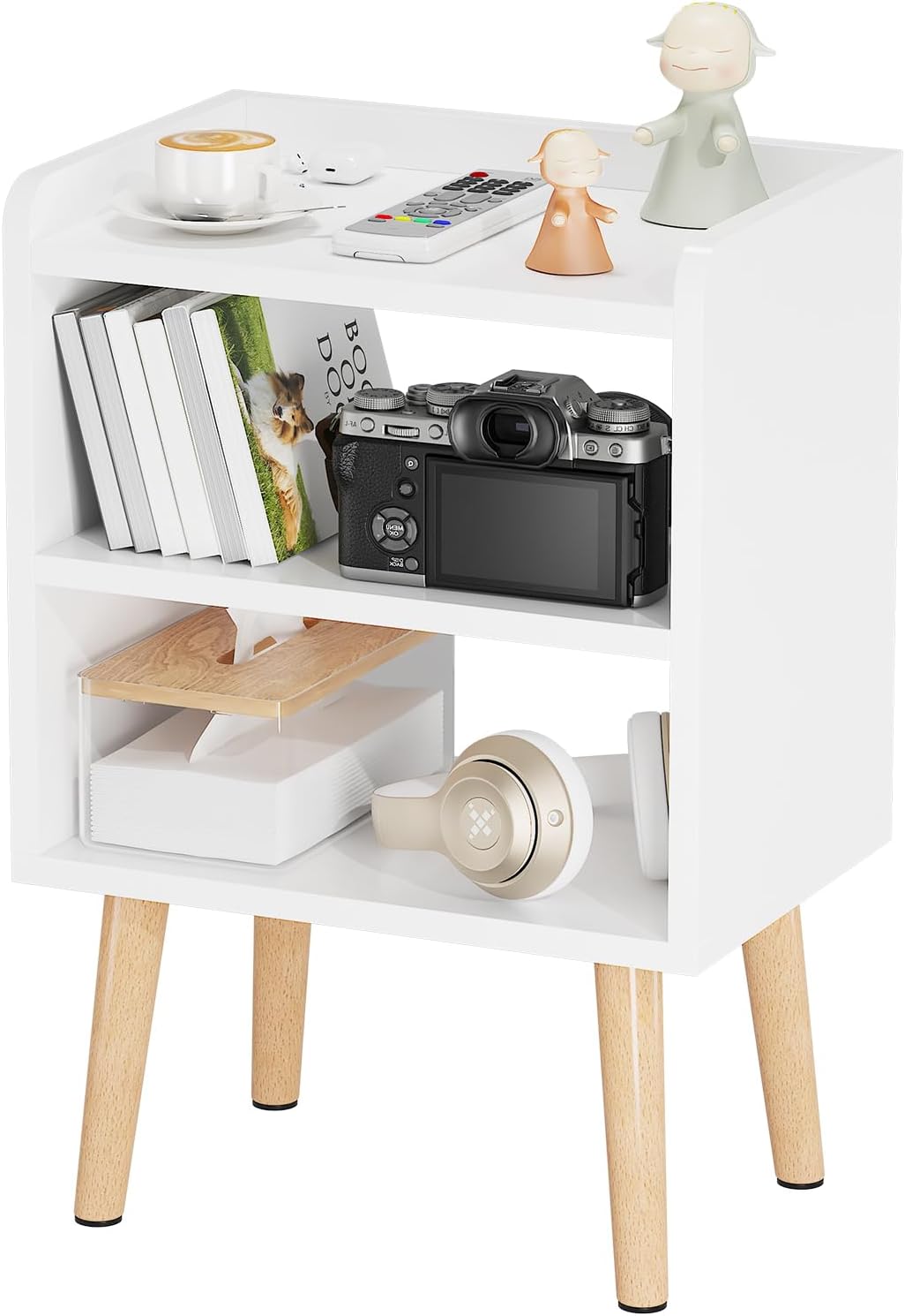 White Nightstand Small Bedside Table Kids Nightstand 3-tier Wood Side Table | Mid Century Modern Nightstand, Small Bedside Table for Bedroom, Kids Room & Small Spaces.