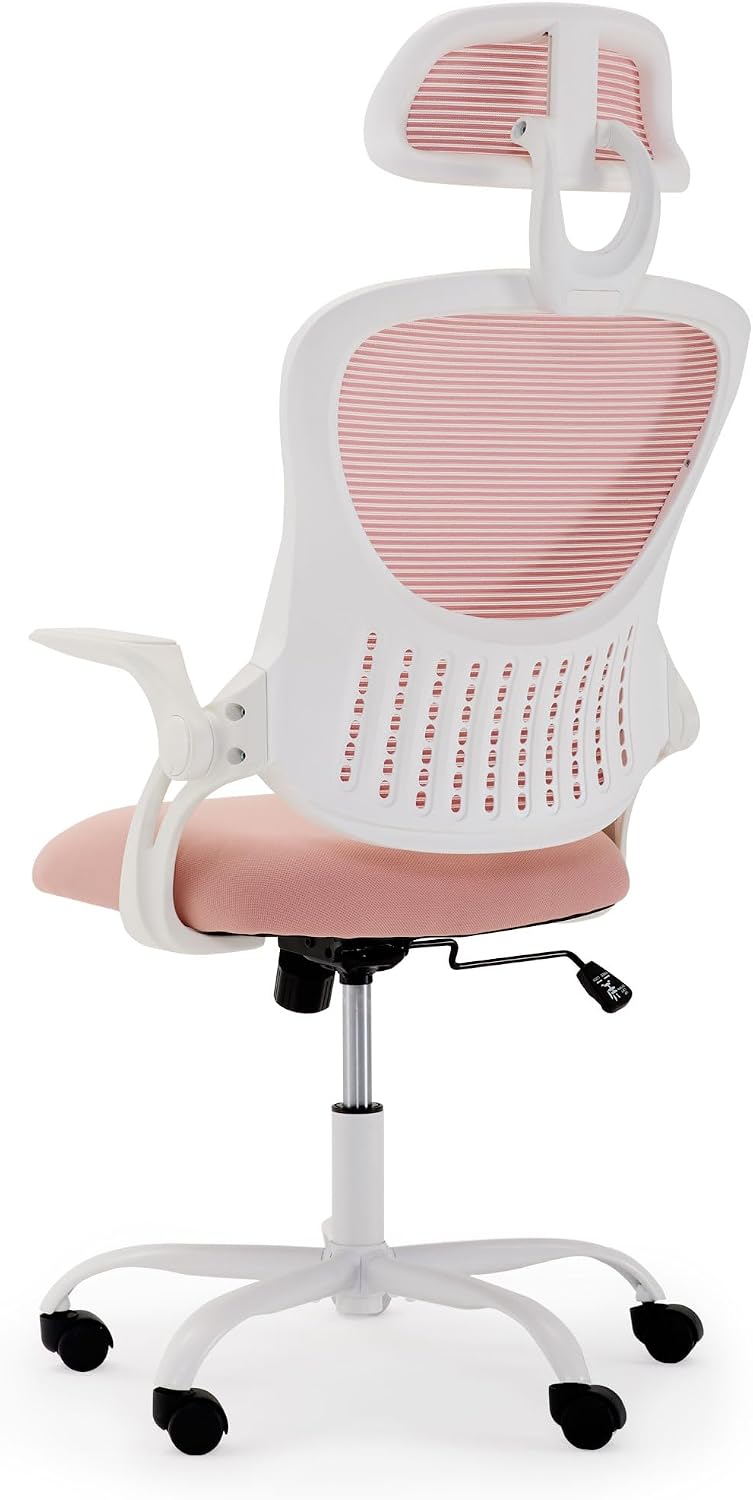 Ergonomic Home Mesh Office Chair-Computer Desk Swivel Reclining Chair with Wheels, Lumbar Support, Comfy Work Gaming Chair for Adults-Adjustable Headrest, Storage Basket for Home Office, Gaming, Pink