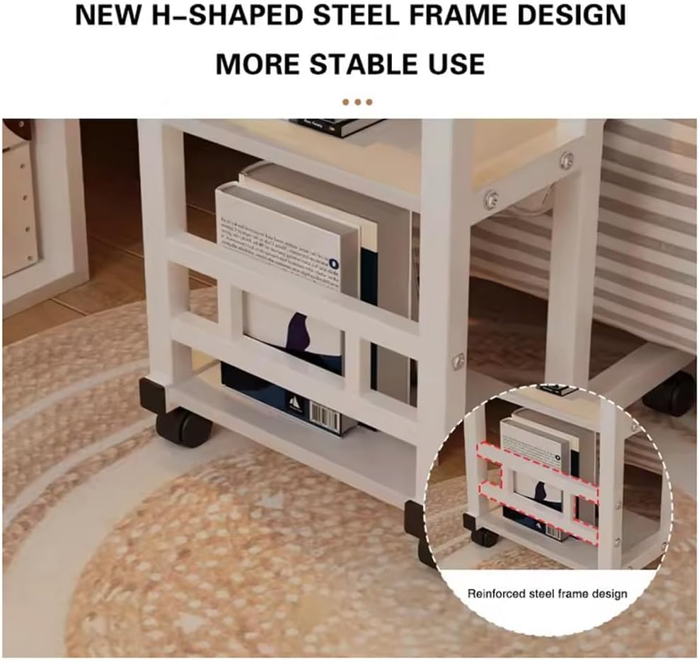 Height Adjustable c Table with Wheels, Small Overbed Tables, End Table with Storage Shelves, Sofa Desk Hospital Laptop Stand Drawing Desk Mobile Couch Snack Side Desks with Tiltable Drawing Board