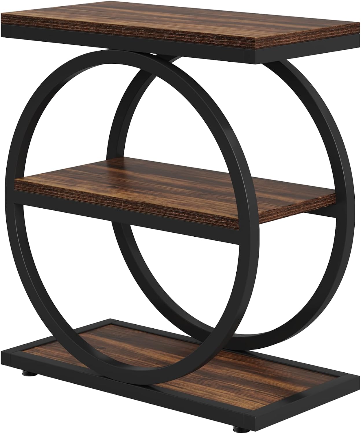 Oigavfd 3-Tier Narrow End Table, Sofa Side Table, Round Frame, Industrial Console Table with Storage Shelves, for Living Room, Bedroom (1, Brown)