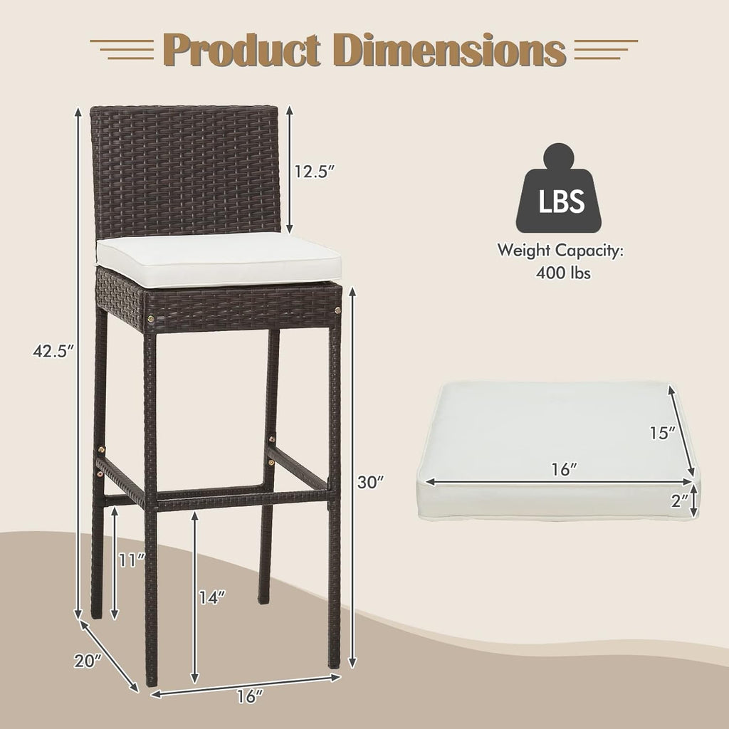 RELAX4LIFE Outdoor Bar Stools Set of 2 - Wicker Rattan Patio Barstools Tall Chairs w/Back, Footrest, Seat Cushions & Metal Frame, 400LBS Weight Capacity, 30’’ Counter Height Bar Stools (1, Mix Brown)