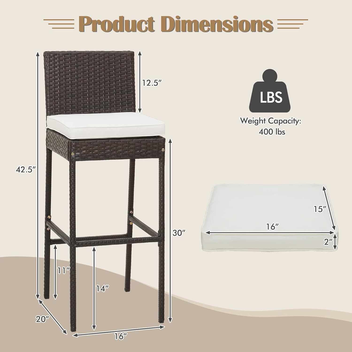 RELAX4LIFE Outdoor Bar Stools Set of 2 - Wicker Rattan Patio Barstools Tall Chairs w/Back, Footrest, Seat Cushions & Metal Frame, 400LBS Weight Capacity, 30’’ Counter Height Bar Stools (1, Mix Brown)