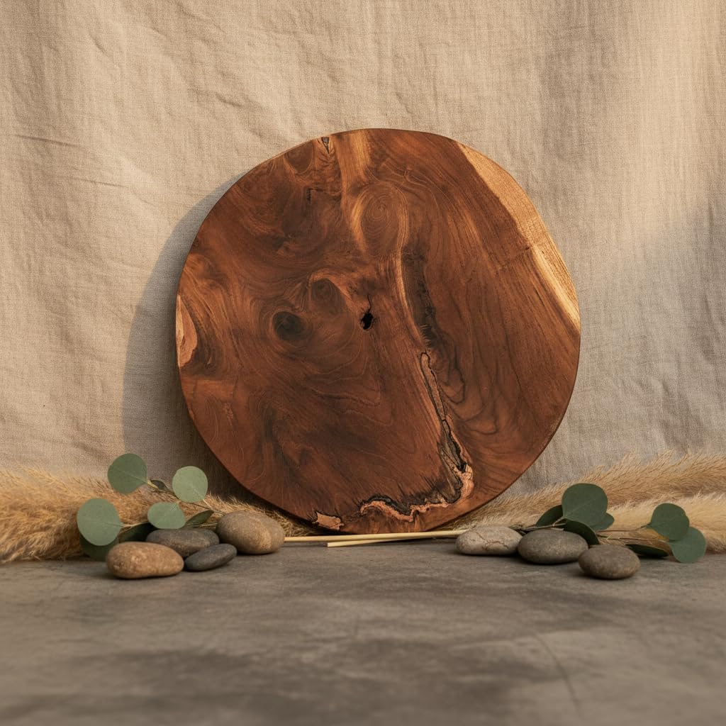 Greenage Natural Solid Wood Slab Round Board 15.5" x 15.5" x 1.95" Rustic Table Top Live Edge Brown Teak Slabs for Coffee Side Table Home Wall Decor Art