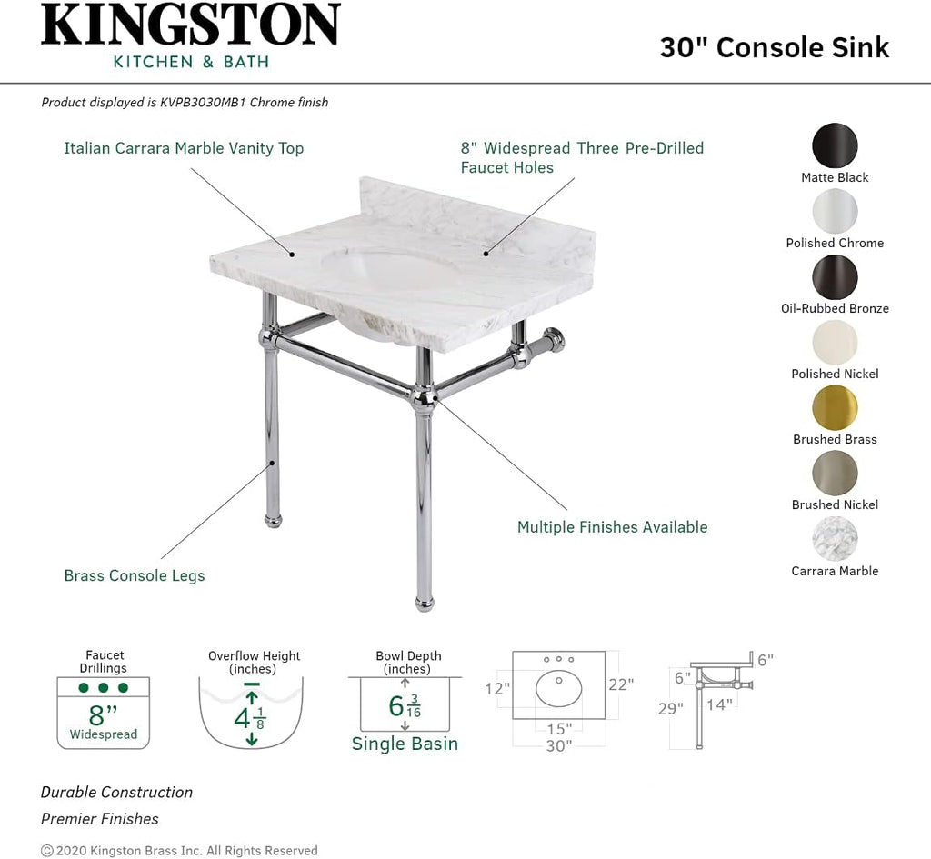 Fauceture KVPB3030MB7 Templeton Carrara Marble Bathroom Console Vanity with Brass Pedestal, Carrara Marble/Brushed Brass