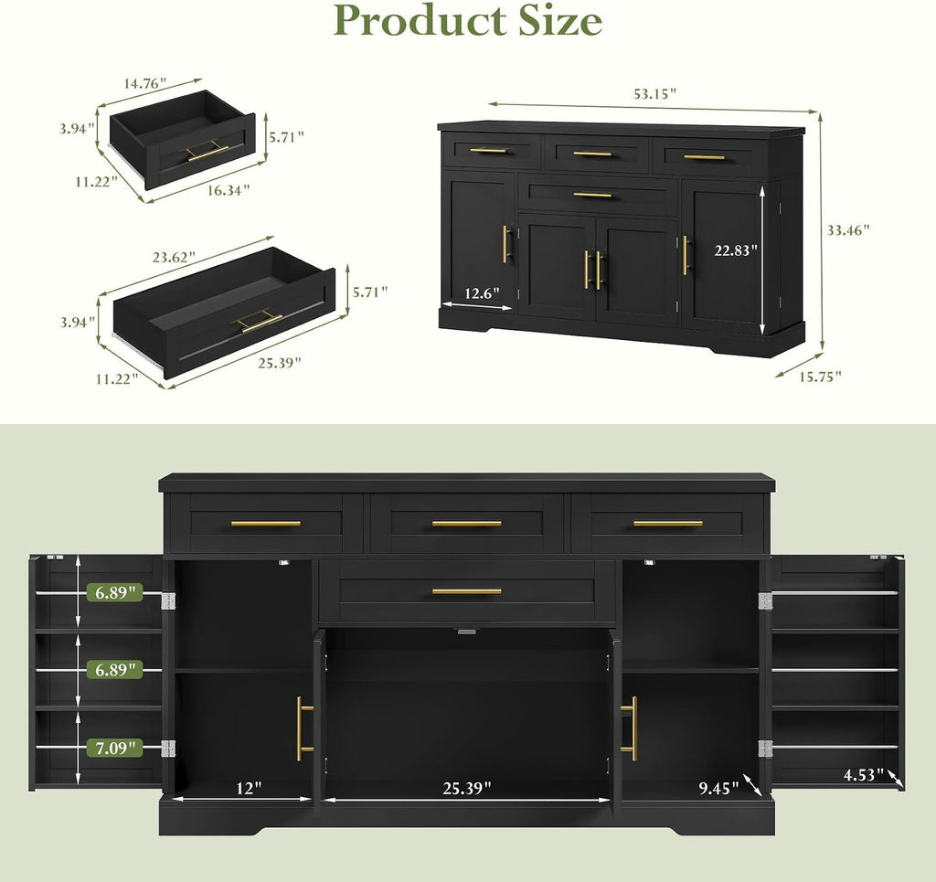 Concho 54" Buffet Cabinet with Storage, Kitchen Sideboard Cabinet with 4 Drawers, Coffee Bar Cabinet with Shelves, Modern Storage Cabinet for Dining Room, Living Room & Kitchen, Black
