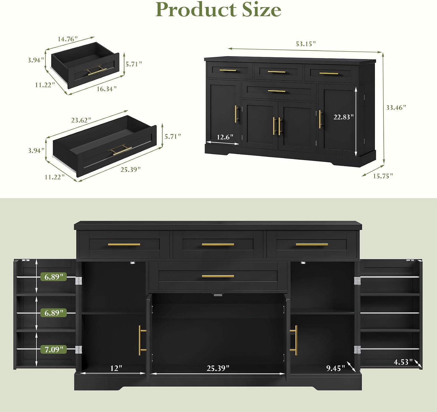 Concho 54" Buffet Cabinet with Storage, Kitchen Sideboard Cabinet with 4 Drawers, Coffee Bar Cabinet with Shelves, Modern Storage Cabinet for Dining Room, Living Room & Kitchen, Black