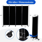Room Divider 6FT Room Partition with Lockable Wheels, (Thicked Metal Base) Room Dividers, Freestanding Indoor Folding Privacy Screens, Portable Fabric Wall Divider for (Black, 88"- 4 Panel)