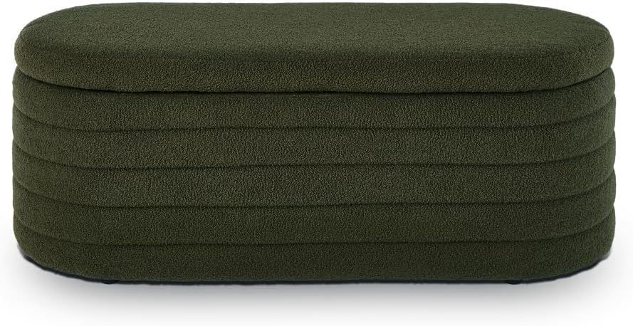 Modern Oval Storage Ottoman Bench, Upholstered Boucle Teddy Fabric End of Bed Bench with Storage, End of Bed Stool with Safety Hinge for Bedroom, Living Room, Entryway, White (Dark Green)