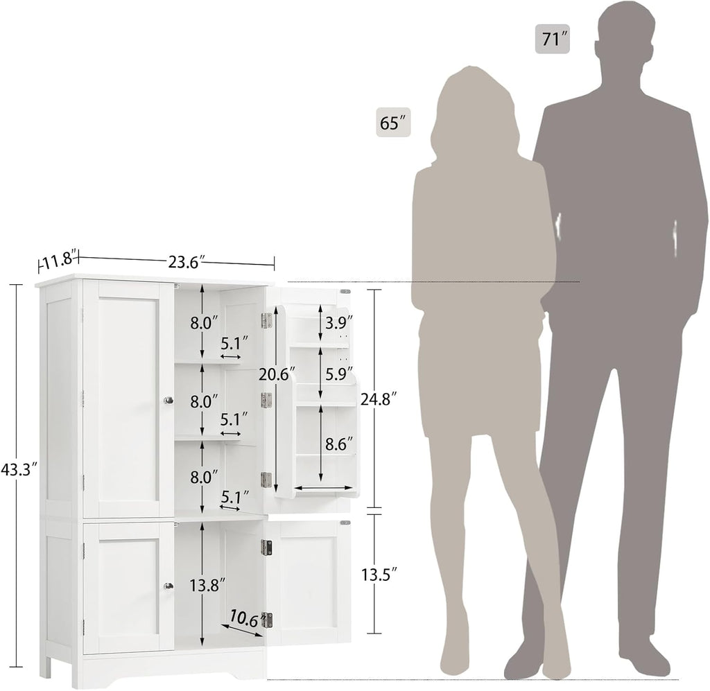 TEENFON 43'H Pantry Cabinet with 4 Doors, Kitchen Cabinet with 6 Door Shelves, Storage Cabinet-Kitchen Pantry for Living Room, Dining Room, Bathroom, White