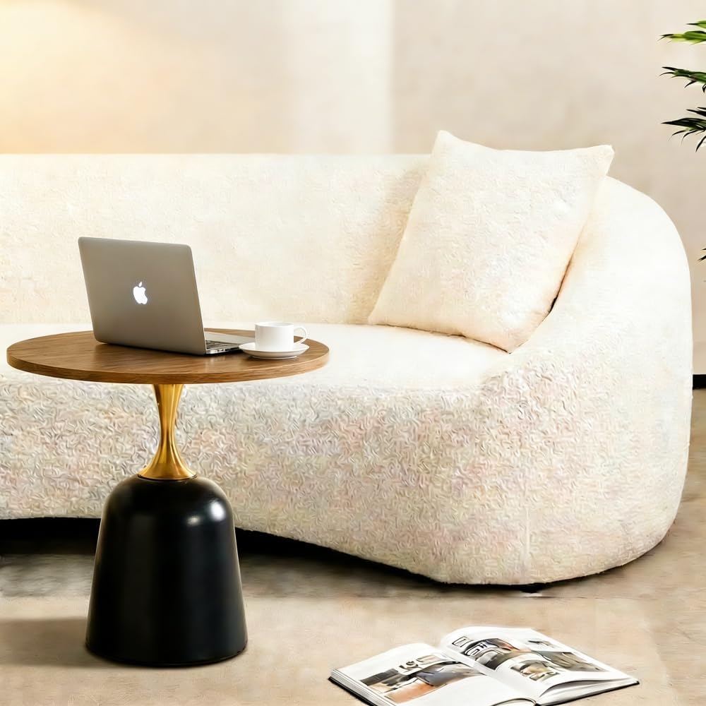 Round Side Table, 23.6 Inch, Walnut Wood Top with Black and Gold Metal Base, Modern Living Room End Table