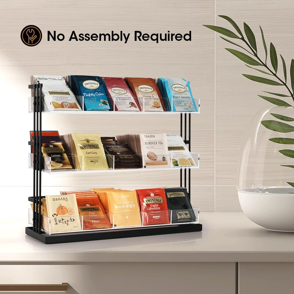 J JACKCUBE DESIGN Tea Bag Organizer Steel and Acrylic 3 Tier, 15 Compartment Tea Bags Sugar Packets Coffee Station Storage Holder for Cabinet Countertop Office (Black)- MK956A