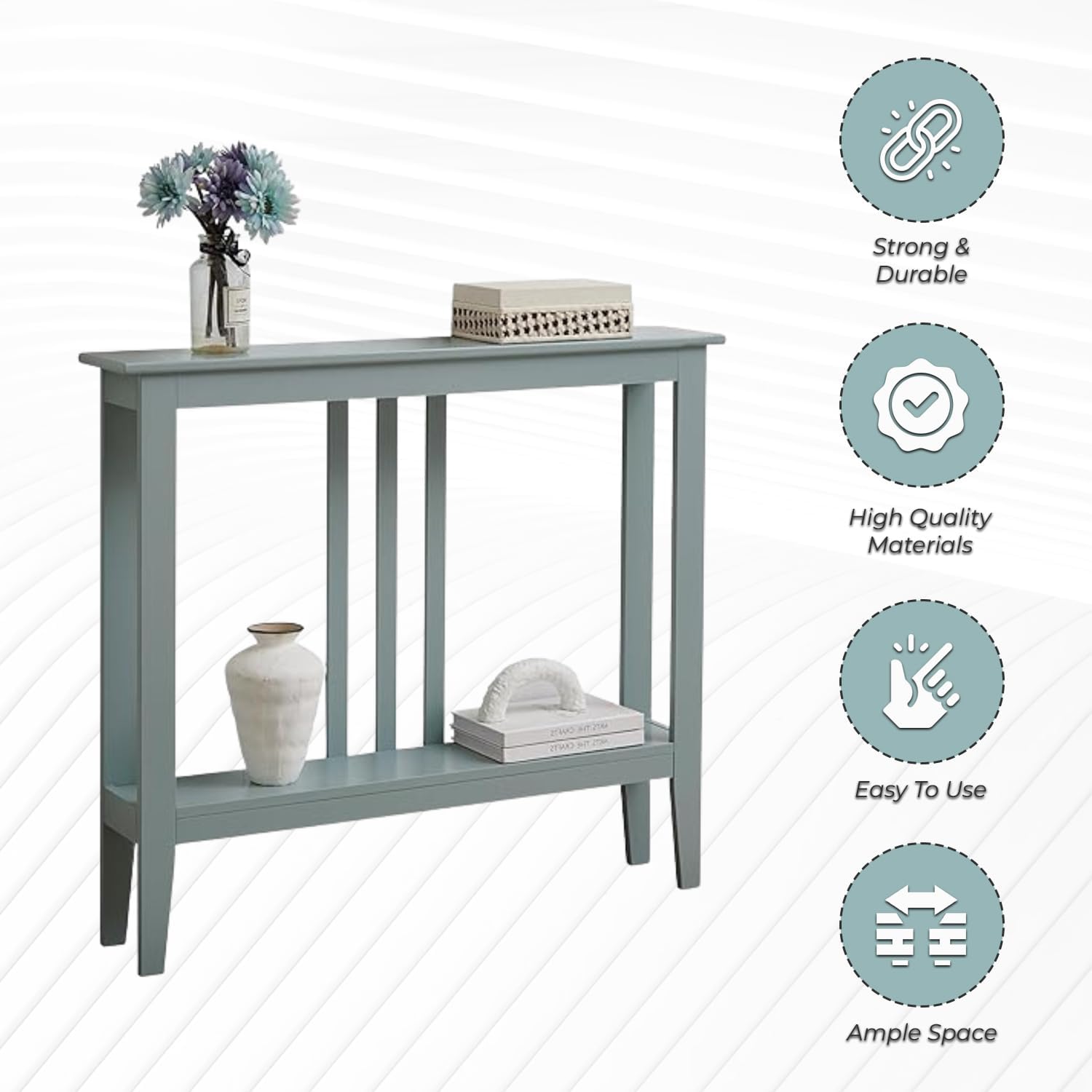 Kings Brand Narrow Console Table w/Storage Shelf for Entryway, Ice Blue | Slim Sofa Table for Hallway, Foyer or Living Room with Open Shelf for Décor, Books & Everyday Essentials