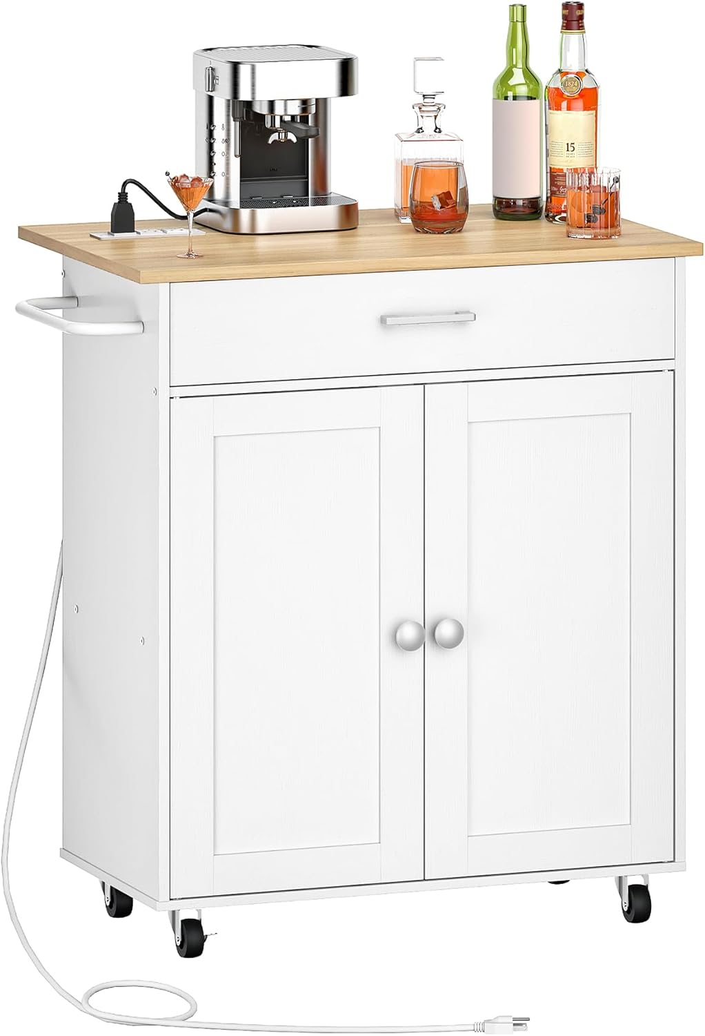 CHOEZON Kitchen Island, Kitchen Island Cart with One Double Cabinet and Drawer, Rolling Storage Cart with Power Strip, with Drop Leaf, for Kitchen, Living Room, White and Natural MZD01UWNN1