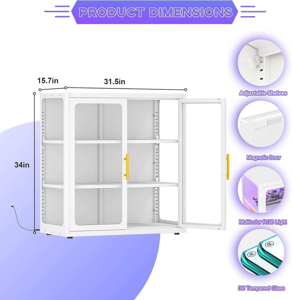 pozdeg Display Cabinet with Glass Door, 34" Curio Cabinet with RGB Lights and 2 Adjustable Shelves, Glass Display Case for Collectibles, Toys, Books, Figures, Exhibit (White)