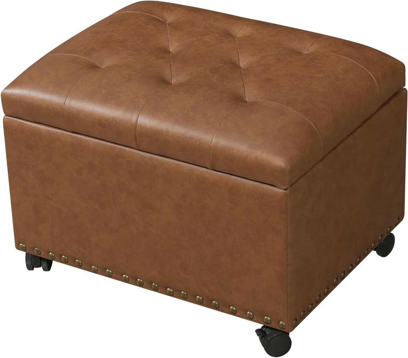 Leather Storage Ottoman,24’’Foot Rest Ottomans with Wheels and Hinged Lid Rectangle Upholstered Foot Stools Nailhead Trim for Living Room Bedroom,Vintage Golden Brown