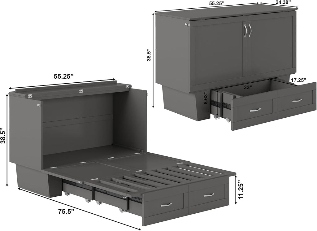 AFI, Monroe Full Murphy Bed Chest with 6" Mattress, Storage Drawer & Built-in USB Charger, Grey