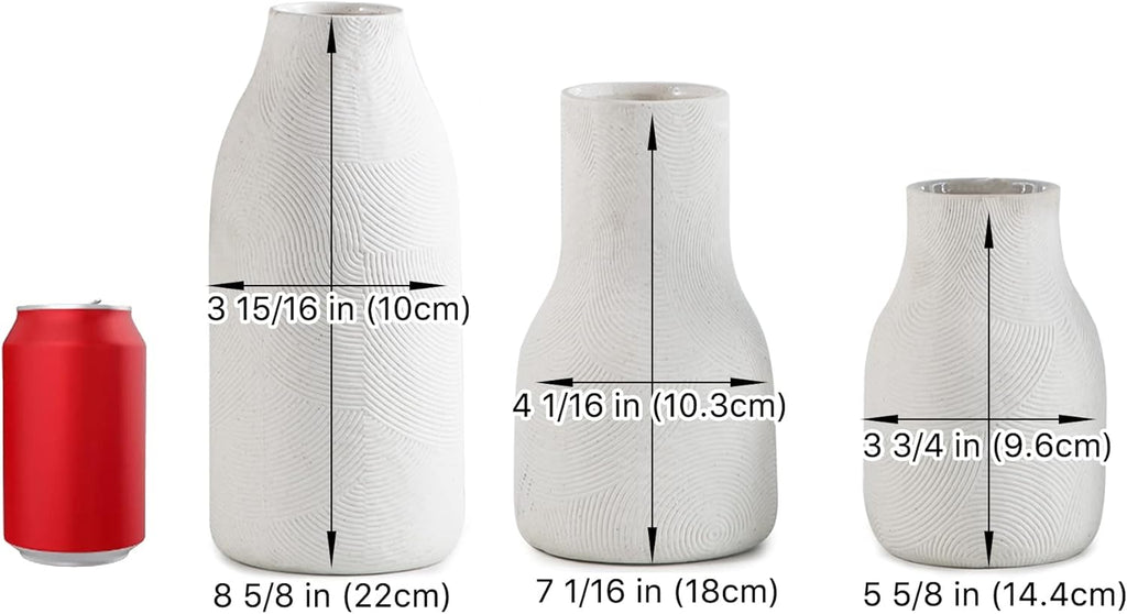 Ceramic Vases for Home Decor - Matte White Textured Vase Set of 3, Decorative Vases for Flowers, Pampas Grass Arrangement, Table Centerpieces, Office and Living Room Boho Decor