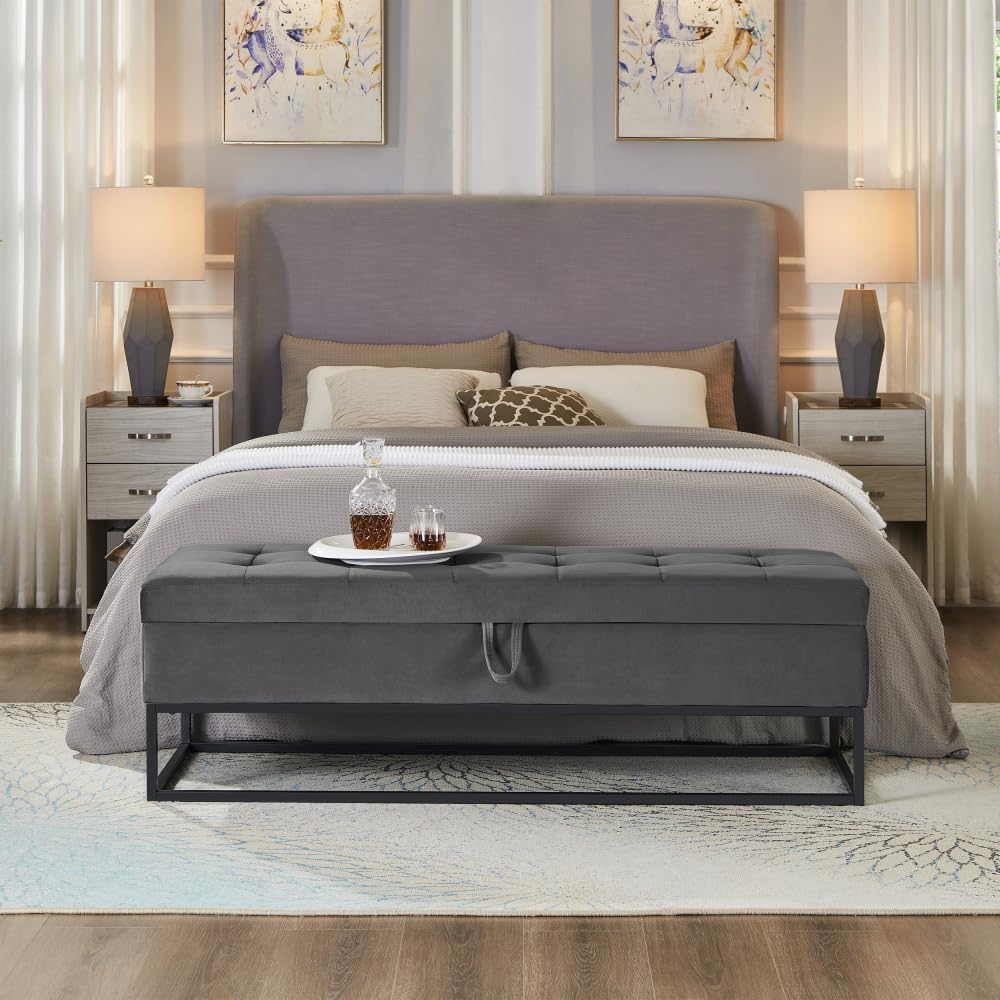 58.6" Bed Bench Metal Base with Storage Black Velvet (Foam + Grey + Velvet)