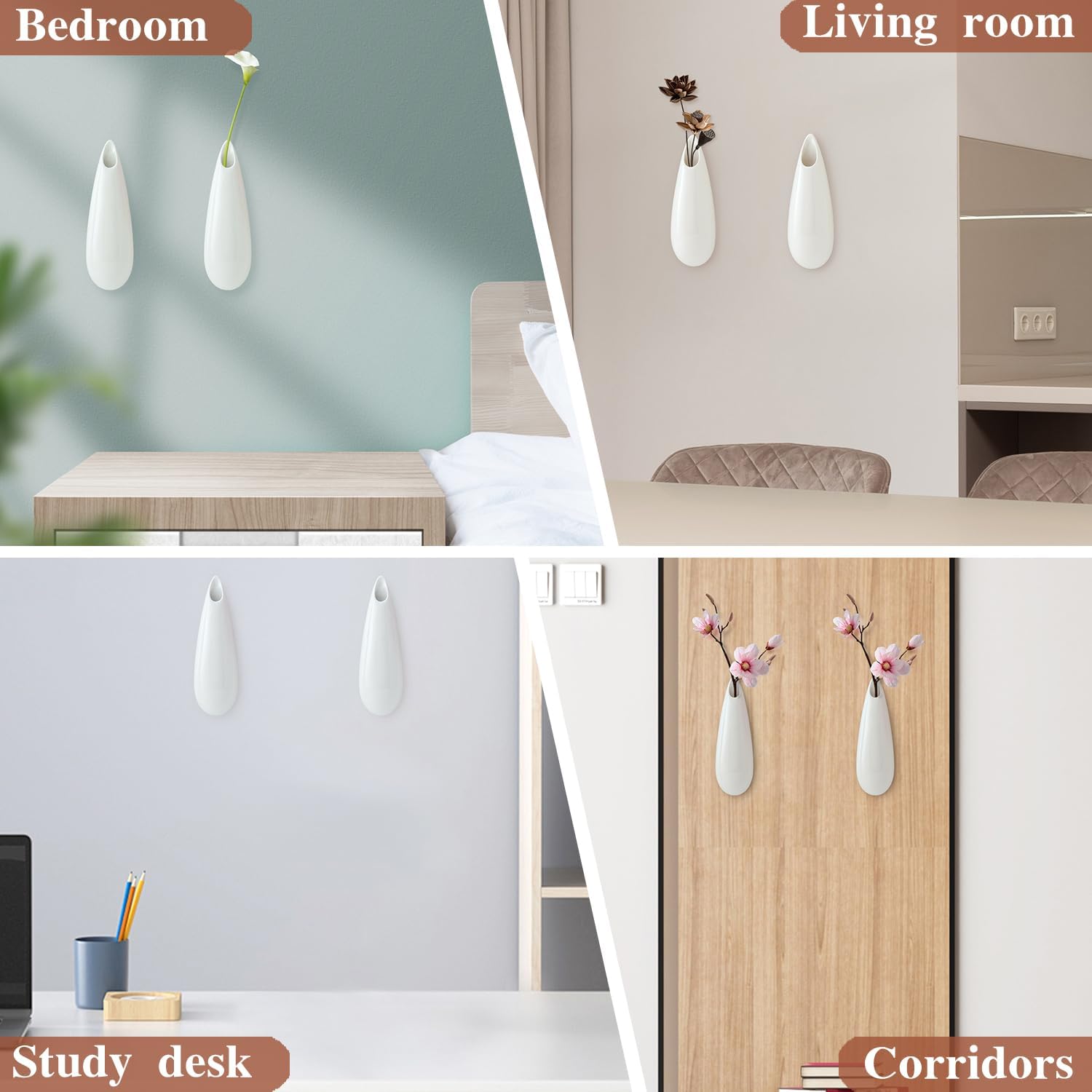 Hanging Ceramic Wall Vases, 7.9 Inch, Set of 2, Cubicle Modern Decor Wall Plant Holder Vase for Indoor Plants,Propagation Hanging Flower Pots for Air Vases,White