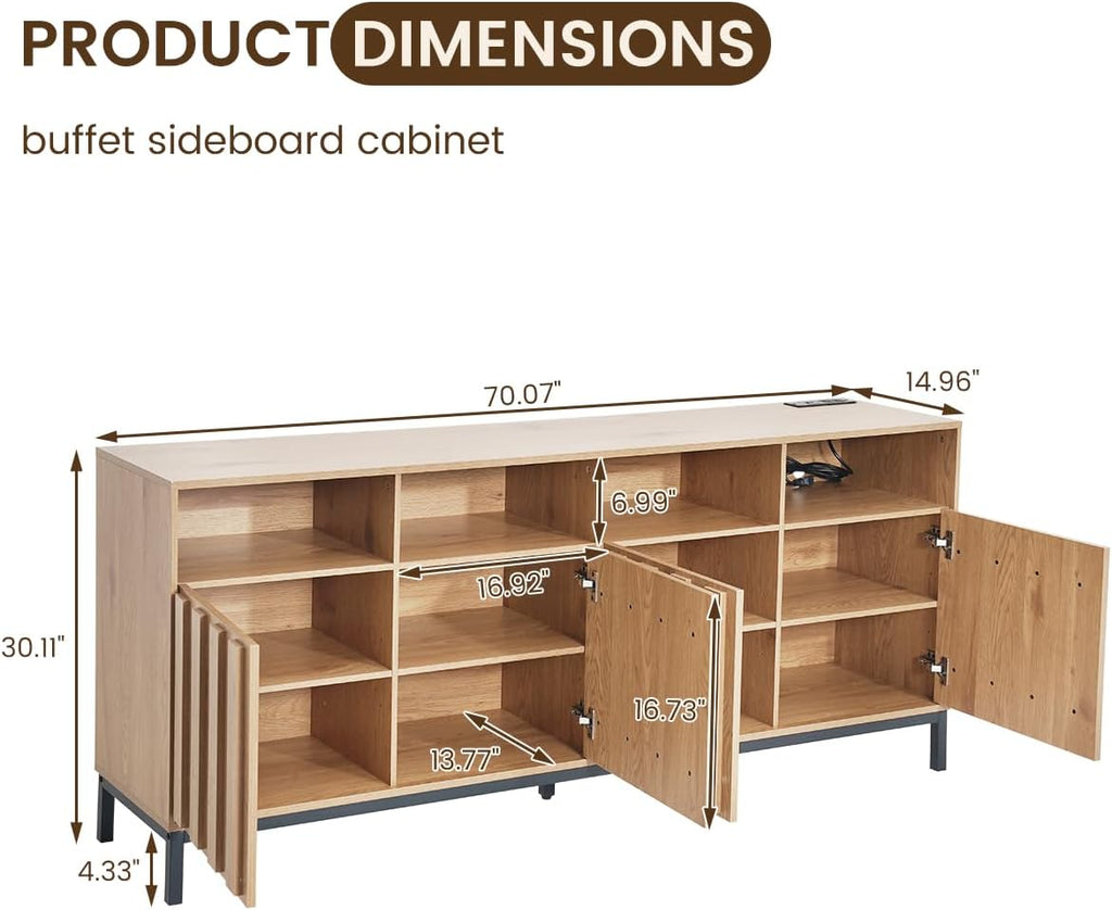COCO DESIGN 70" Large Buffet Sideboard Cabinet with Power Outlets & Adjustable Shelves, Modern Farmhouse Accent Storage Credenza Console for Kitchen, Living Room, Oak
