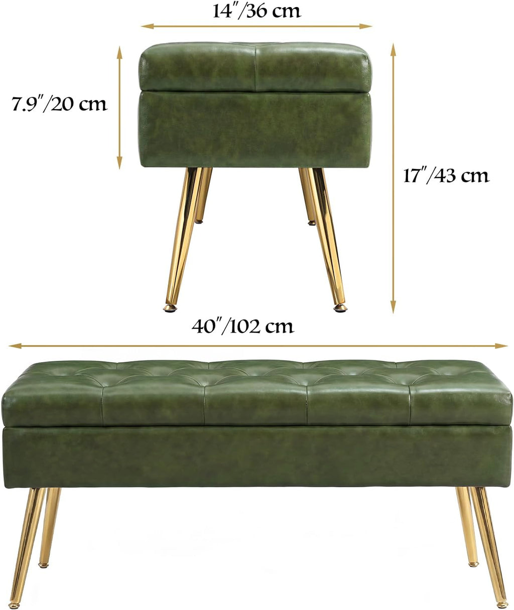 SNOWDROP 40" Upholstered Storage Bench – Vintage Olive Green End of Bed Bench with Gold Metal Legs, Button-Tufted Modern Faux Leather Ottoman Bench for Bedroom, Entryway & Living Room