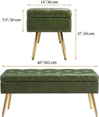SNOWDROP 40" Upholstered Storage Bench – Vintage Olive Green End of Bed Bench with Gold Metal Legs, Button-Tufted Modern Faux Leather Ottoman Bench for Bedroom, Entryway & Living Room