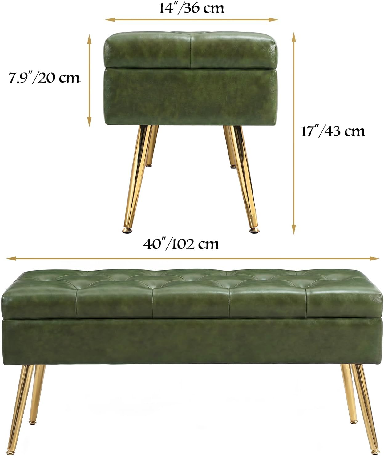 SNOWDROP 40" Upholstered Storage Bench – Vintage Olive Green End of Bed Bench with Gold Metal Legs, Button-Tufted Modern Faux Leather Ottoman Bench for Bedroom, Entryway & Living Room