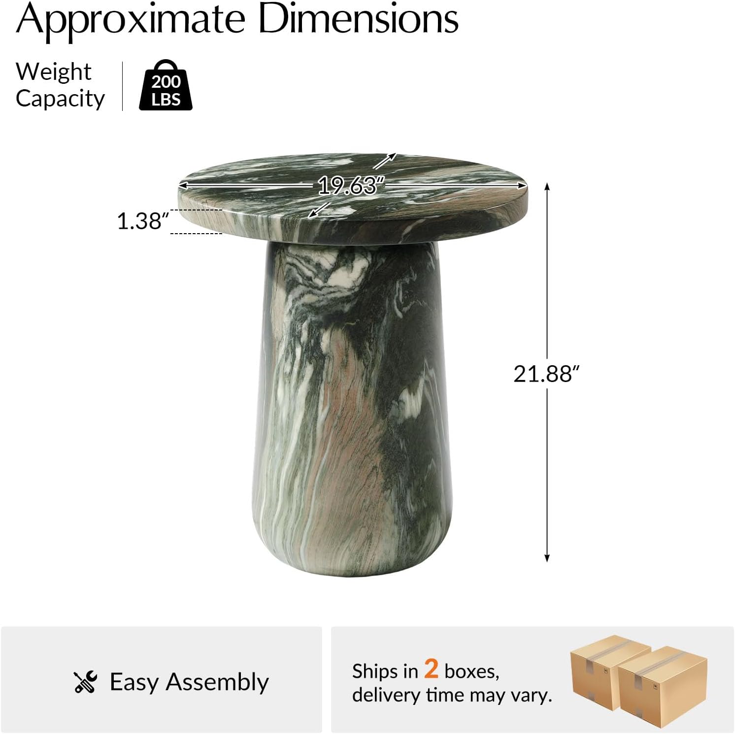HULALA HOME Sculptural Round End Table with Pedestal Base, Faux Marble Accent Table for Modern Living Room(Green)