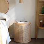 Wood Round Side Table with Storage Woven Rattan-Accent End Table Modern Accent Coffee Bedside Table for Living Room Heavy Duty(Natural)