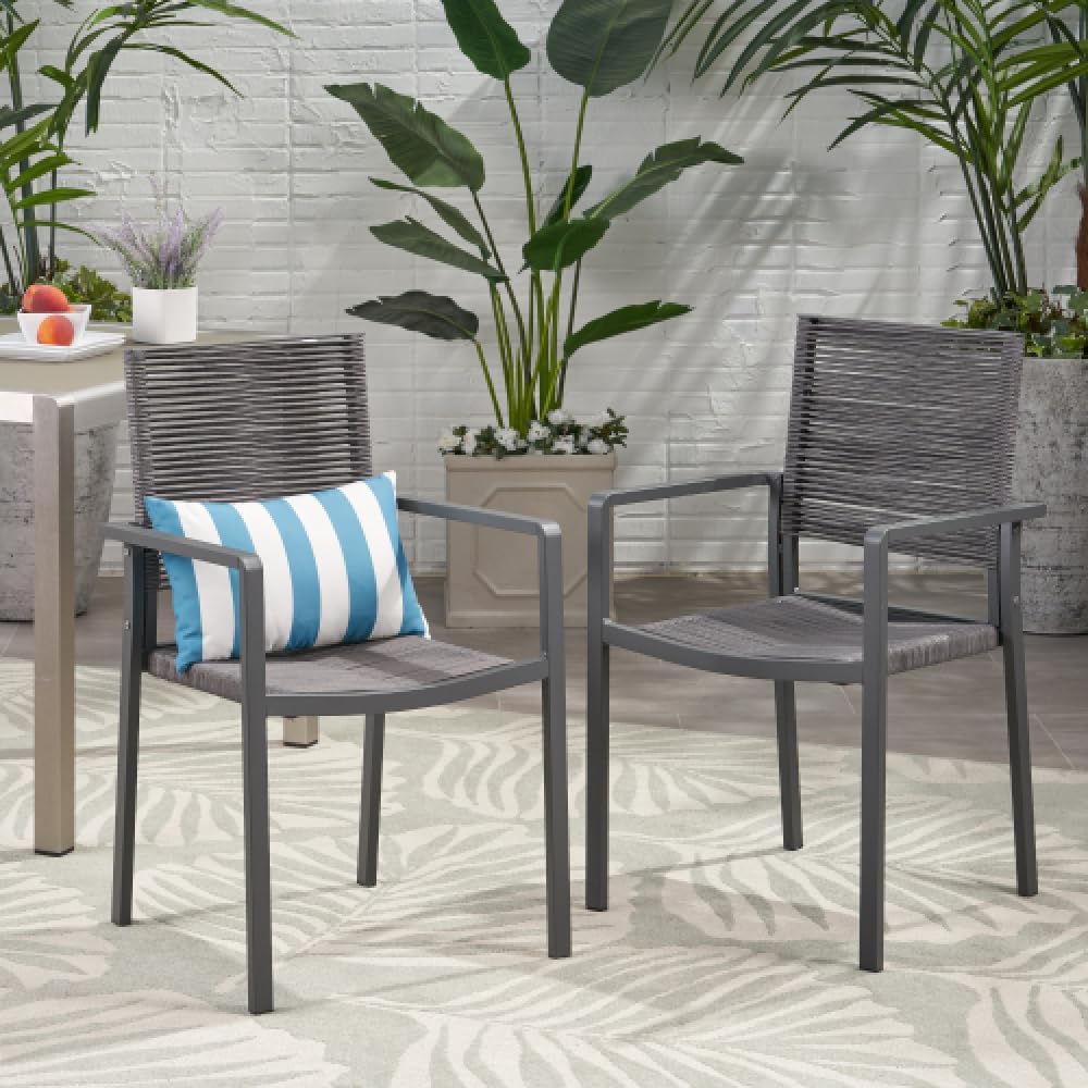 Saiveina Outdoor Modern Aluminum Dining Chair with Rope Seat (Set of 2), Gray and Dark Gray
