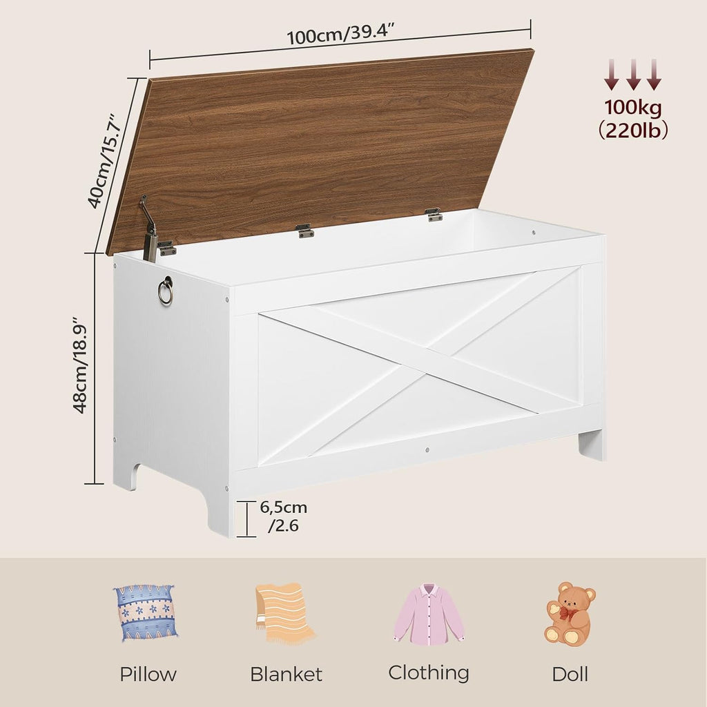 MAHANCRIS 39.4" Toy Chest, Sturdy Entryway Storage Chest with Safety Hinges, Retro Toy Box, Wooden Look Accent Furniture for Living Room, Bedroom, White+Walnut SCBZ48101