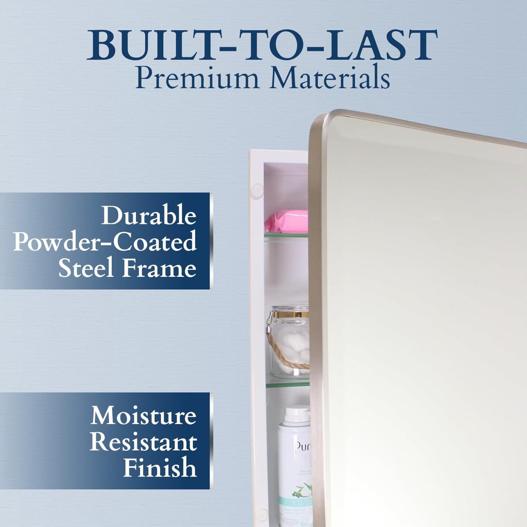16x26 Austin Farmhouse Metal Framed Rounded Rectangle Recessed Bathroom Medicine Cabinet, Beveled Mirror, 14x24 in-Wall Opening, powder-coated Steel, Adjustable Glass Shelves, Magnet Close, Black