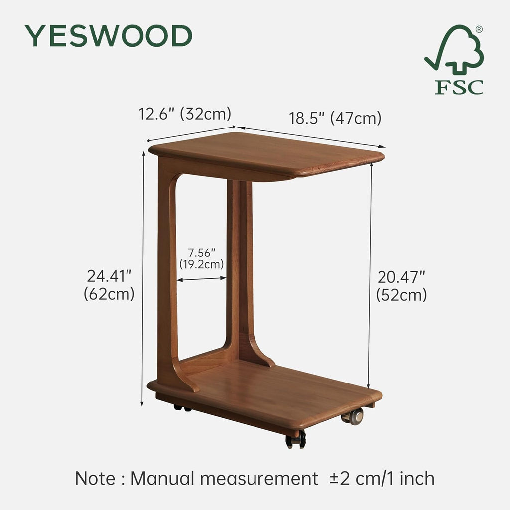 YESWOOD 100% Solid Wood C Shaped Side Table with Wheels, Small Side Table for Living Room, Wooden End Table for Couch, Walnut Bed Side Tables for Bedroom(24.5" H)