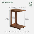 YESWOOD 100% Solid Wood C Shaped Side Table with Wheels, Small Side Table for Living Room, Wooden End Table for Couch, Walnut Bed Side Tables for Bedroom(24.5" H)