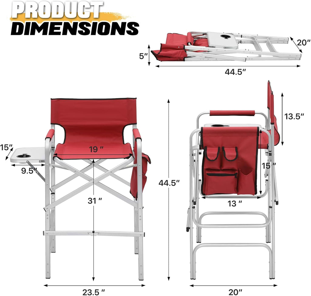 MoNiBloom 44.5" Foldable Tall Director Chair Folding Portable Aluminum Frame Makeup Artist Chair, with Side Table, Cup Holder and Pockets, 250lbs Capacity (Set of 2, Red)